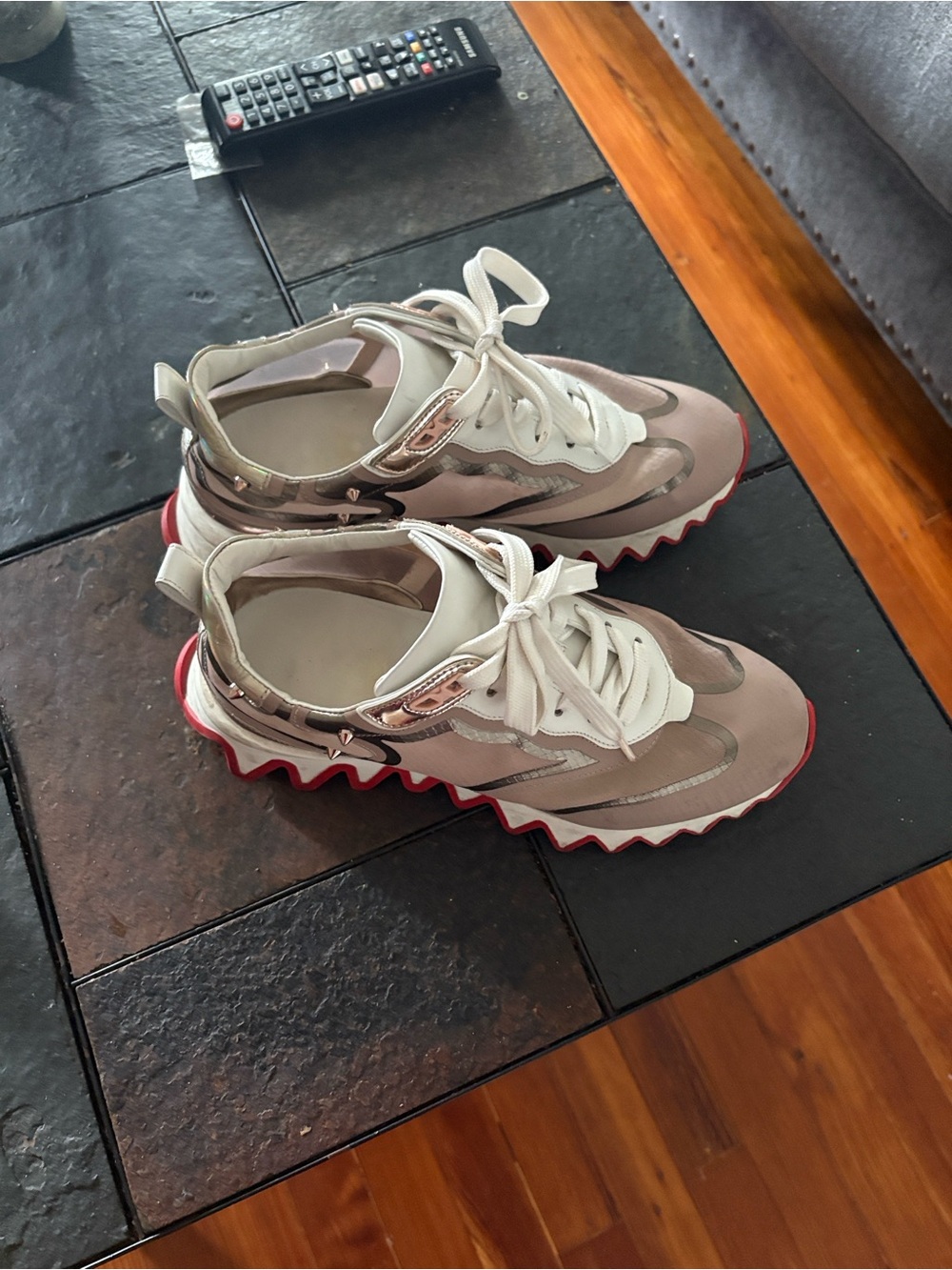 Christian Louboutin Beige and White Sneakers with Red Sole
